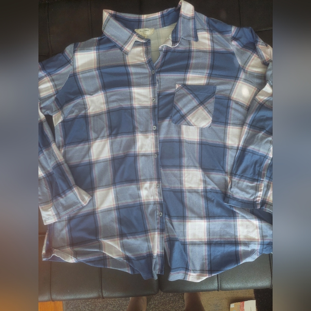 EUC No Comment Blue‎ plaid button-down top  3x